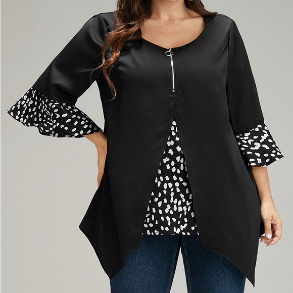 BloomChic Tops - BloomChic Black Zipper Detail Blouse with White Patterned Accents Plus Size 6X